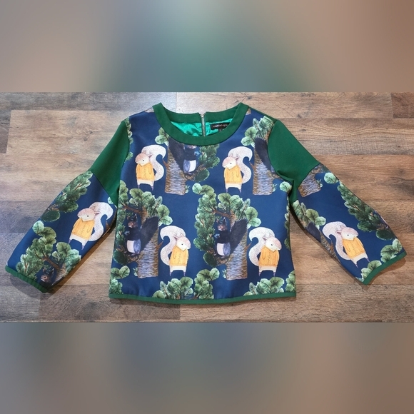 Hao Hao Home Tops - Hao Hao Home Womens Squirrel Quirky Green Forest Long Sleeve Zip Back Blouse L